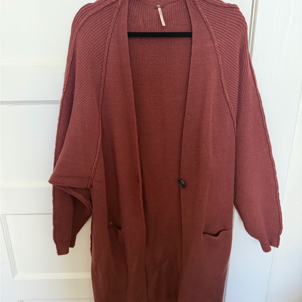Free People Open-Front Long Cardigan - wine burgundy